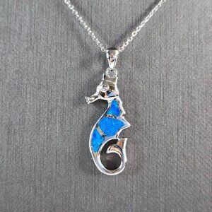 Womens Sterling Silver Blue Opal Seahorse Pendant Necklace 5.5g E3306